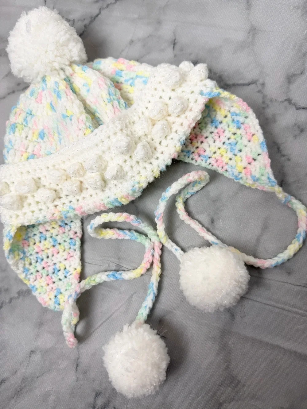 Pastel Crochet Pom Pom Earflap Beanie Hat Baby/Toddler Photoshoots Winter Cozy